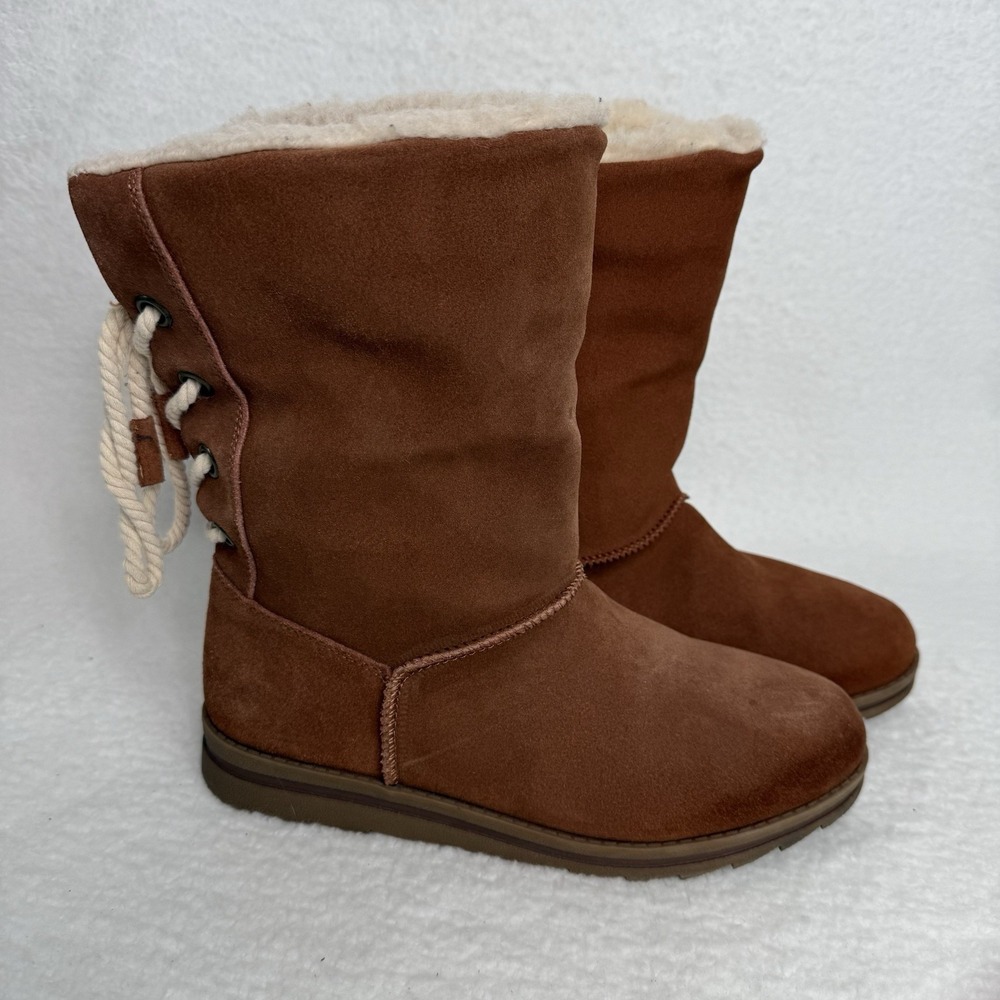 Muk Luks Womens Brown Suede Faux Shearling Lined Rope Lace Up Mid Calf Boots